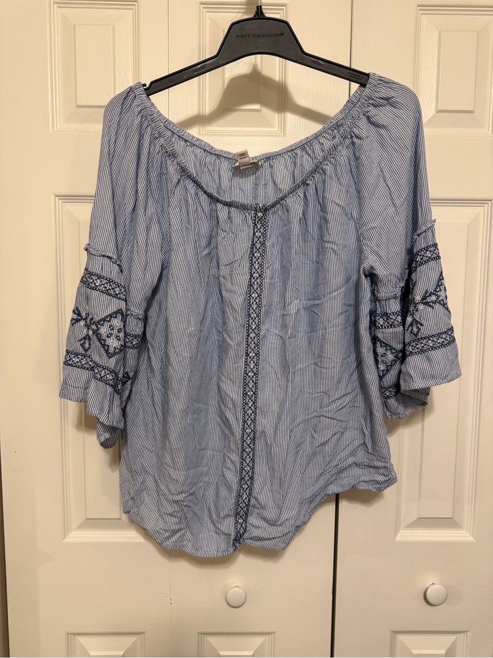 St. John's Bay Light Blue Peasant Tunic with Navy Embroidery